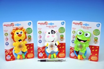 Zvířátko s chrastítkem plast 15cm na baterie se světlem a zvukem asst 3 druhy na kartě od 6 měsíců