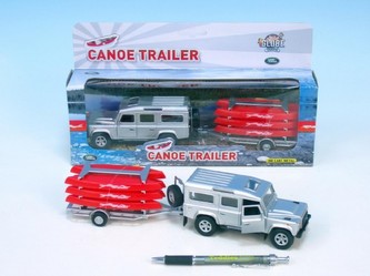 Auto Landrover Defender kov 14cm s přívěsem na kánoe 13cm na zpětné natažení asst 2 barvy v krabičce