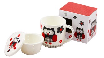 Home Elements hrnek porcelánový Černá sova 400 ml se sítkem