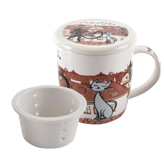 Porcelánový hrnek Kočky ve městě se sítkem a víkem 390 ml, II. jakost