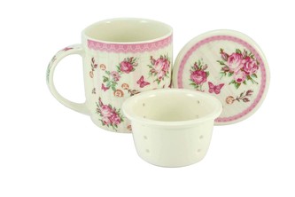 Porcelánový hrnek 390 ml se sítkem a víčkem - růže, II. jakost