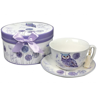 Porcelánový šálek na kávu s podšálkem – Fialová sova