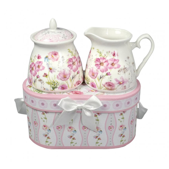 Porcelánová cukřenka a mlékovka - Růžové květiny