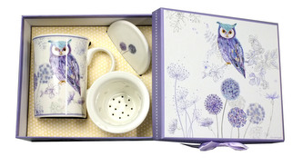 Porcelánový hrnek se sítkem a víčkem – Fialová sova