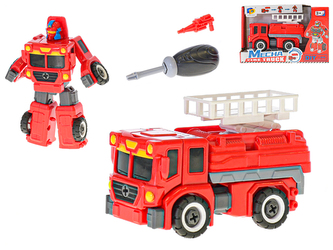 Robot 16cm/hasičské auto 13,5cm 2v1 s doplňky v krabičce