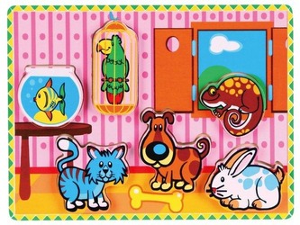 Vkládačka dřevěná pokojíček + 6 zvířátek