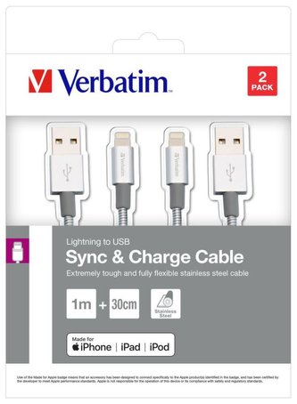 Verbatim Lightning kabel 100cm + 30cm, SYNC + CHARGE stříbrný