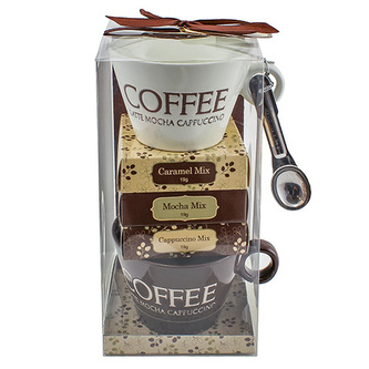 Dárková sada, Caramel Mix 19 g, Mocha Mix 19 g, Cappuccino Mix 19 g, 2 x keramický hrnek s nápisem 200 ml, lžička