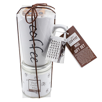 Dárková sada, Vanilková káva 19 g, bílý keramický hrnek s nápisem 300 ml, skořice 12 g, struhadlo