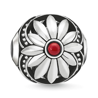 Korálek \"Etnický květ\" Thomas Sabo, K0273-111-21, Karma Beads, 925 Sterling silver, blackened, simulated coral red