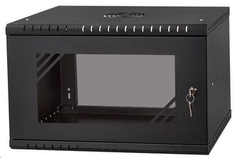 LEXI 19\" nástěnný rozvaděč Basic 6U, šířka 520mm, hloubka 450mm, skleněné dveře, bez zad, černý LEXI 19\" nástěnný rozvaděč Basic 6U, šířka 520mm, hloubka 450mm, skleněné dveře, bez zad, černý