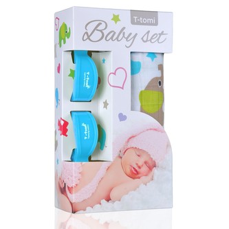 Baby set - bambusová osuška green elephants / zelení sloni + kočárkový kolíček blue / modrá
