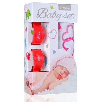 Baby set - bambusová osuška hearts / srdíčka  + kočárkový kolíček red / červená