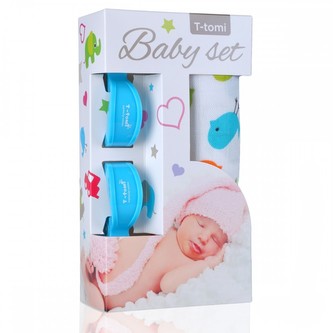 Baby set - bambusová osuška birds / ptáčci + kočárkový kolíček blue / modrá