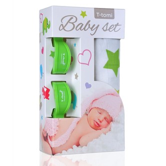 Baby set - bambusová osuška green stars / zelené hvězdičky + kočárkový kolíček green / zelená
