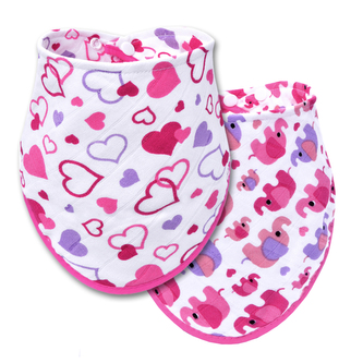 BIO Bambusový slintáček, hearts + pink elephants / srdíčka + růžoví sloni - 2 ks.