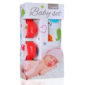 Baby set - bambusová osuška birds / ptáčci + kočárkový kolíček red / červená