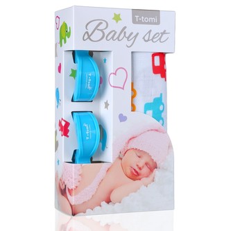 Baby set - bambusová osuška cars / auta + kočárkový kolíček blue / modrá