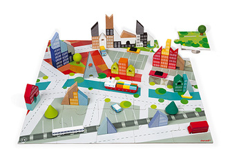 Dřevěné kostky Kubix Město Janod 60 ks stavebnice s puzzle podložkou od 3 let