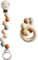Dárková sada pro miminka dřevěná chrastítko a držák na dudlík Haba série Tečky