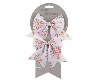 Mašle bílá s červenými vločkami 13 cm, 2ks