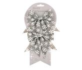 Mašle jutová šedá s bílými vločkami 13 cm, 2ks