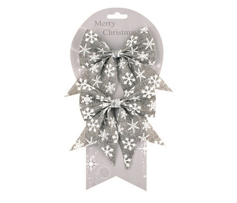 Mašle jutová šedá s bílými vločkami 13 cm, 2ks