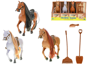 Kůň 18cm 3ks se sedlem a doplňky v papírové stáji