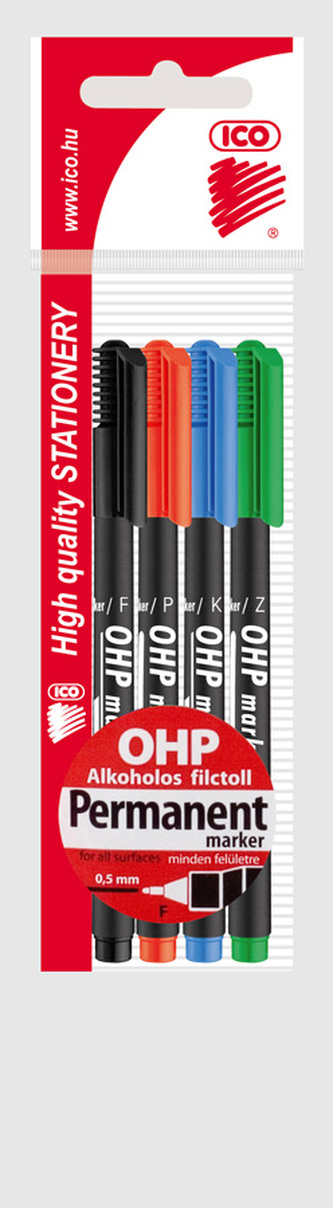 Permanentní popisovač, OHP, F, 4 barvy, 0,5mm, ICO