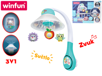 Lampička/projektor/kolotoč nad postýlku 45x12x35cm 3v1 na baterie se světlem a zvukem 0m+ v krabičce
