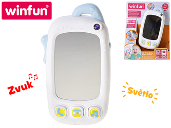 Telefon modrý 15,5cm na baterie se světlem, zvukem + animace 9m+ v krabičce