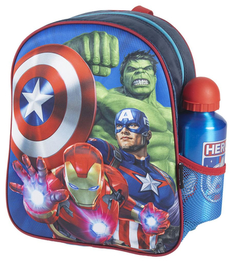 Dětský svítící 3D batoh s láhví Marvel: Avengers ikony (objem 8 litrů|25 x 31 x 10 cm|objem láhve 500 ml)