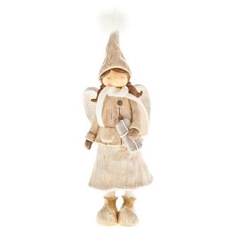 Anděl s culíky držící dárek běžový 25,5 cm