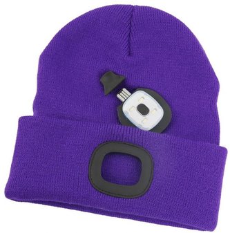 Čepice s čelovkou LED fialová (USB nabíjení)
