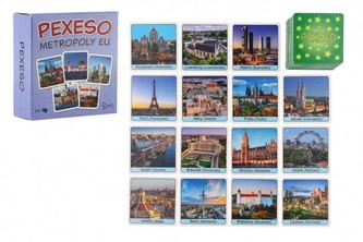 Pexeso Metropole EU papírové společenská hra 32 obrázkových dvojic v papírové krabičce 8x8cm