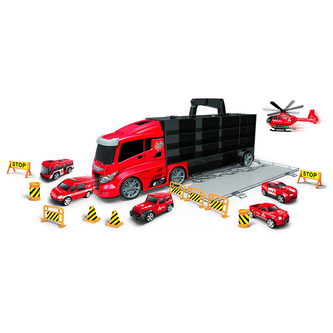 Kamion hasiči přenosný s auty a vymršťovací dráhou