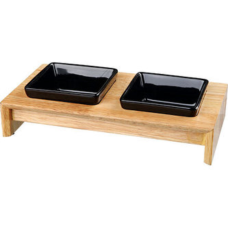Dřevěný bar, 2x keramická čtyřhranná miska,  á 0,2 l / 10 x 10 cm, černá