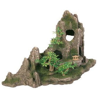 Dekorace skála + jeskyň a rostliny 27cm - DOPRODEJ