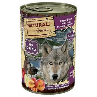 Natural Greatness králík, kachna, jablka, broskve, konzerva pro psy 400 g