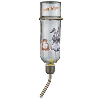 Skleněná napáječka Honey & Hopper s kovovým pítkem pro činčily a králíky 500 ml
