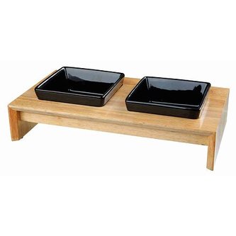 Dřevěný bar, 2x keramická čtyřhranná miska, á 0,4 l / 13 x 13 cm,  černá