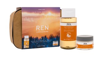 REN Clean Skincare All Is Bright noční pleťový krém Radiance Overnight Glow Dark Spot Sleeping Cream 50 ml + pleťové tonikum Radiance Ready Steady Glow Daily AHA Tonic 250 ml + kosmetická taštička