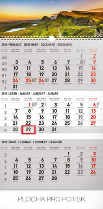 Kalendář nástěnný 2019 - 3 měsíční krajina šedý – s českými jmény, 29,5 x 43 cm