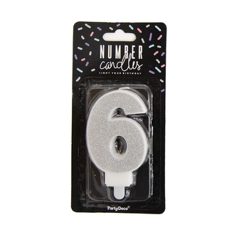 Svíčka dortová číslo 6 stříbrná 7 cm