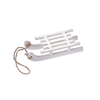 Ozdoba dřevo závěsná bílá sáně 9x4x2 cm