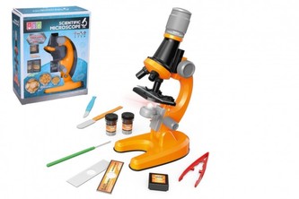 Mikroskop s doplňky plast 15x10cm na baterie se světlem v krabici 19x24x9cm