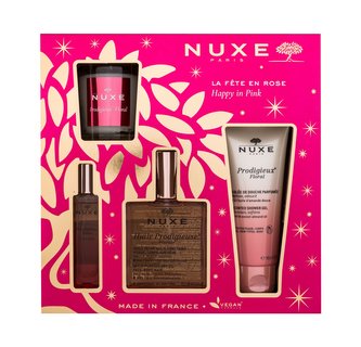 NUXE Happy In Pink suchý olej Huile Prodigieuse Florale 100 ml + sprchový gel Prodigieux Floral 100 ml + parfémovaná voda Prodigieux Floral 15 ml + svíčka Prodigieux Floral 70 g