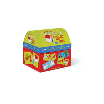 Puzzle truhlička: Where Animals Live/Kde zvířata žijí (12 dvoudílných puzzlí)