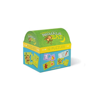 Puzzle truhlička: What Animals Eat/Co jedí zvířata (12 dvoudílných puzzlí)
