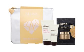 AHAVA Mini-Me Minerals denní pleťový krém Time To Hydrate Essential Day Moisturizer 15 ml + krém na ruce Deadsea Water Mineral Hand Cream 40 ml + pleťová maska 24K Gold Mineral Mud Mask 6 ml + kosmetická taštička